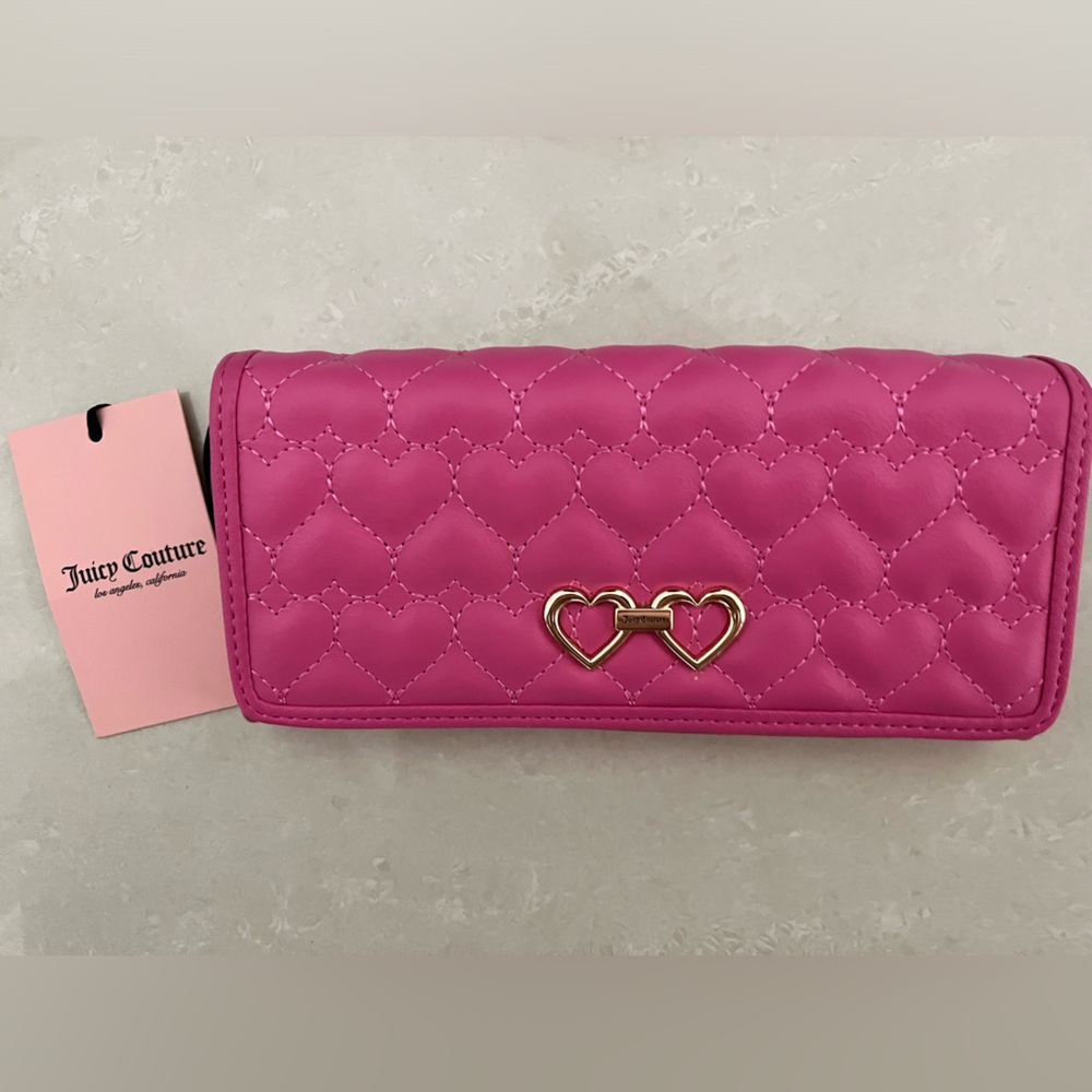 Juicy Couture Pink/Gold Flap IDs Coins Large Quilted Heart Clutch Wallet NWT